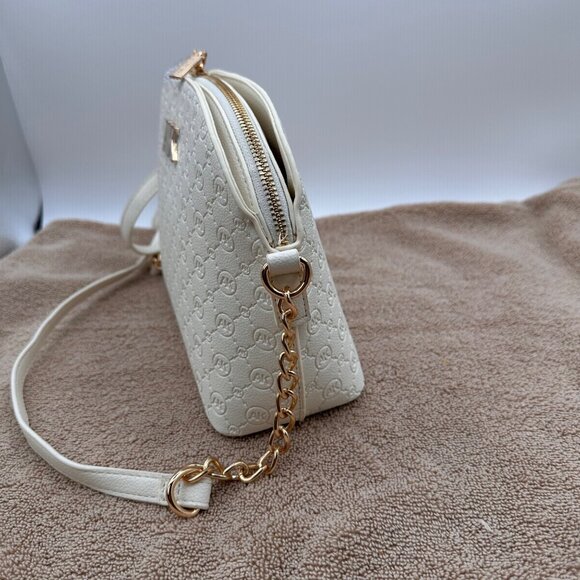 Anne Klein Triple Compartment Crossbody Bag Gold Chain Strap Monogram Design - Picture 6 of 13